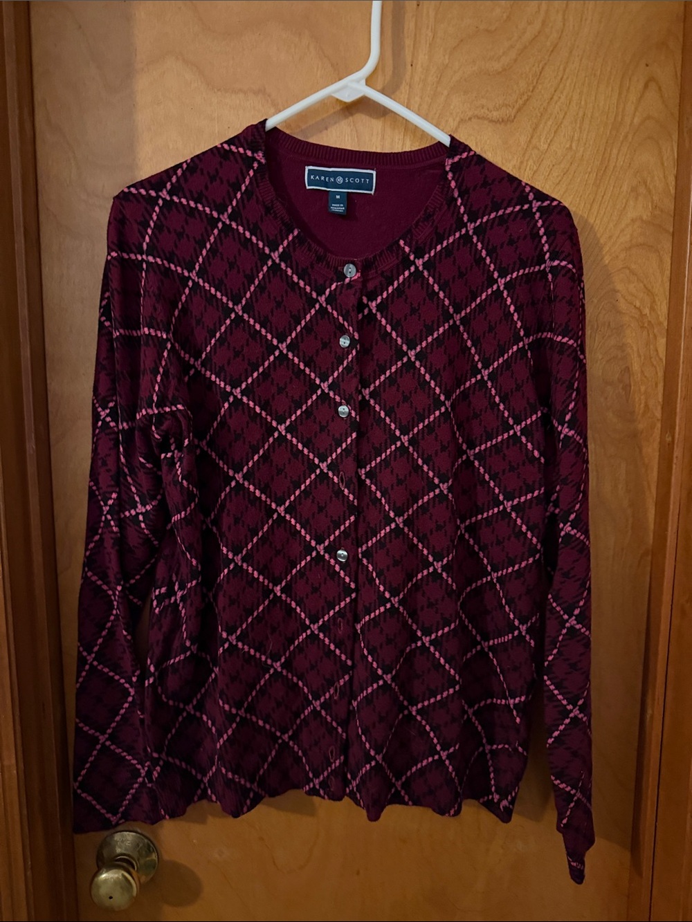 Karen Scott Maroon and Pink Argyle-Style Button Cardigan